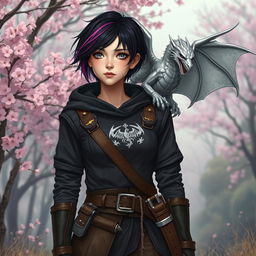 A Dungeons & Dragons female hexblood ranger stands confidently at the edge of a sakura forest