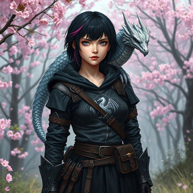 A Dungeons & Dragons female hexblood ranger stands confidently at the edge of a sakura forest