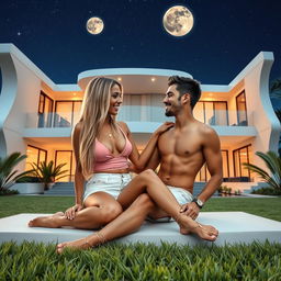 A tall, sexy 45-year-old Brazilian woman with long, straight blonde hair and alluring features is elegantly reclined in the garden of a futuristic three-story house