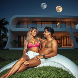 A tall, sexy 45-year-old Brazilian woman with long, straight blonde hair and alluring features is elegantly reclined in the garden of a futuristic three-story house