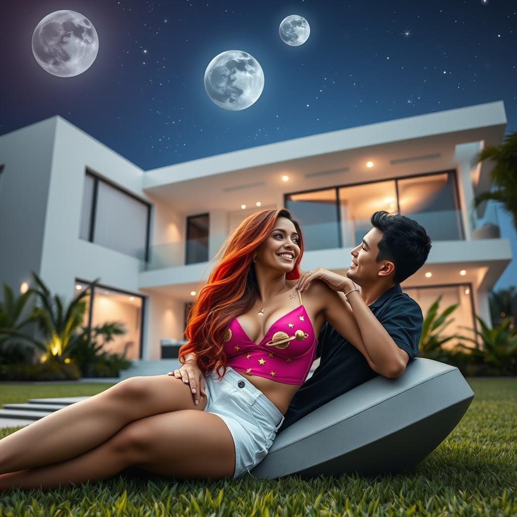 A tall, alluring 45-year-old Colombian woman with long, flowing red hair and a voluptuous figure characterized by a 42DD bust is elegantly reclined in the garden of a futuristic three-story house