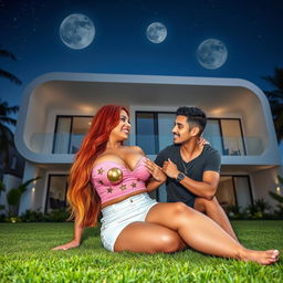 A tall, alluring 45-year-old Colombian woman with long, flowing red hair and a voluptuous figure characterized by a 42DD bust is elegantly reclined in the garden of a futuristic three-story house