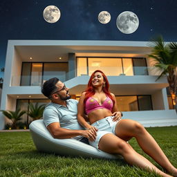 A tall, alluring 45-year-old Colombian woman with long, flowing red hair and a voluptuous figure characterized by a 42DD bust is elegantly reclined in the garden of a futuristic three-story house