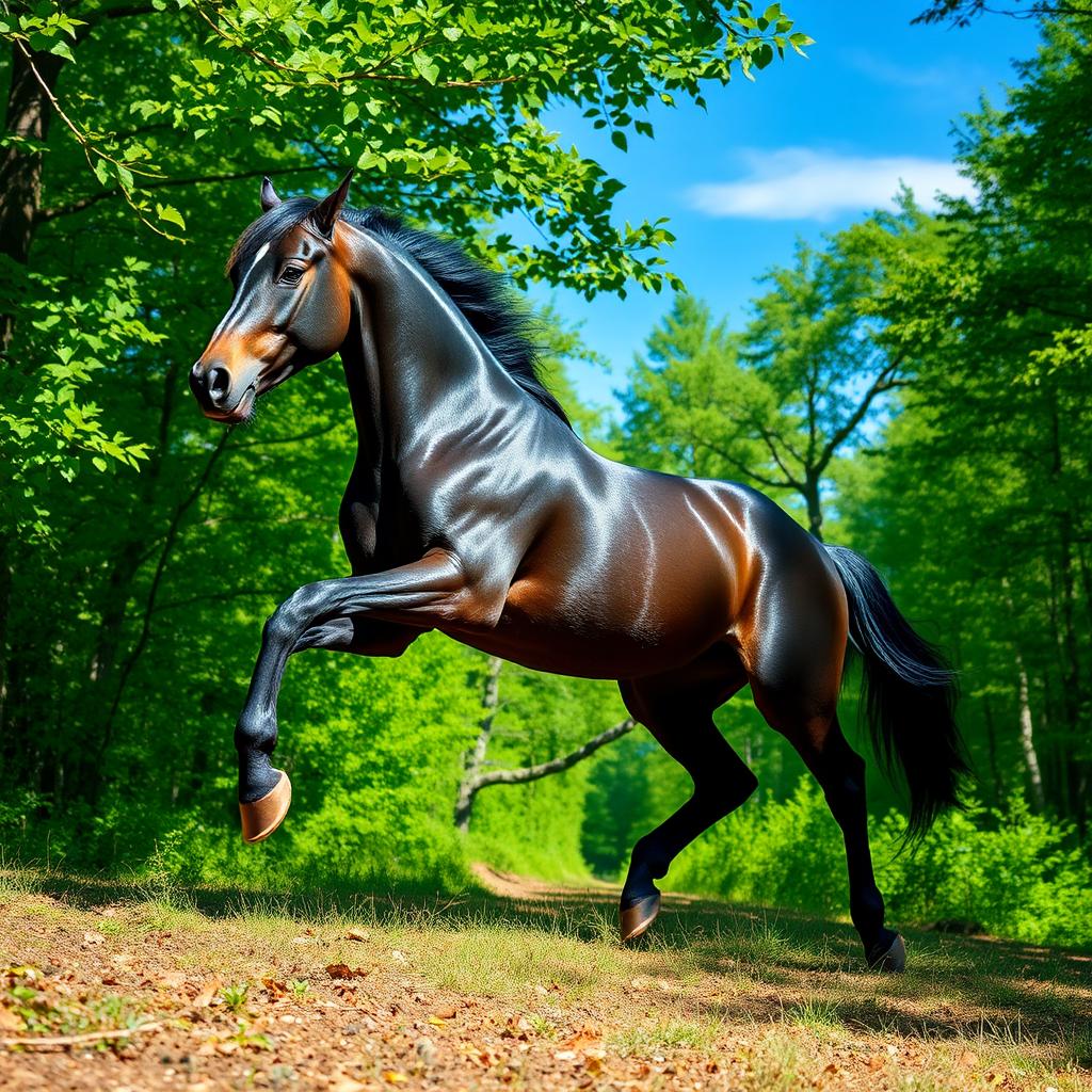 A stunning black stallion galloping through a vibrant forest