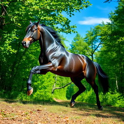 A stunning black stallion galloping through a vibrant forest