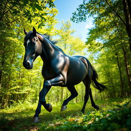 A stunning black stallion galloping through a vibrant forest