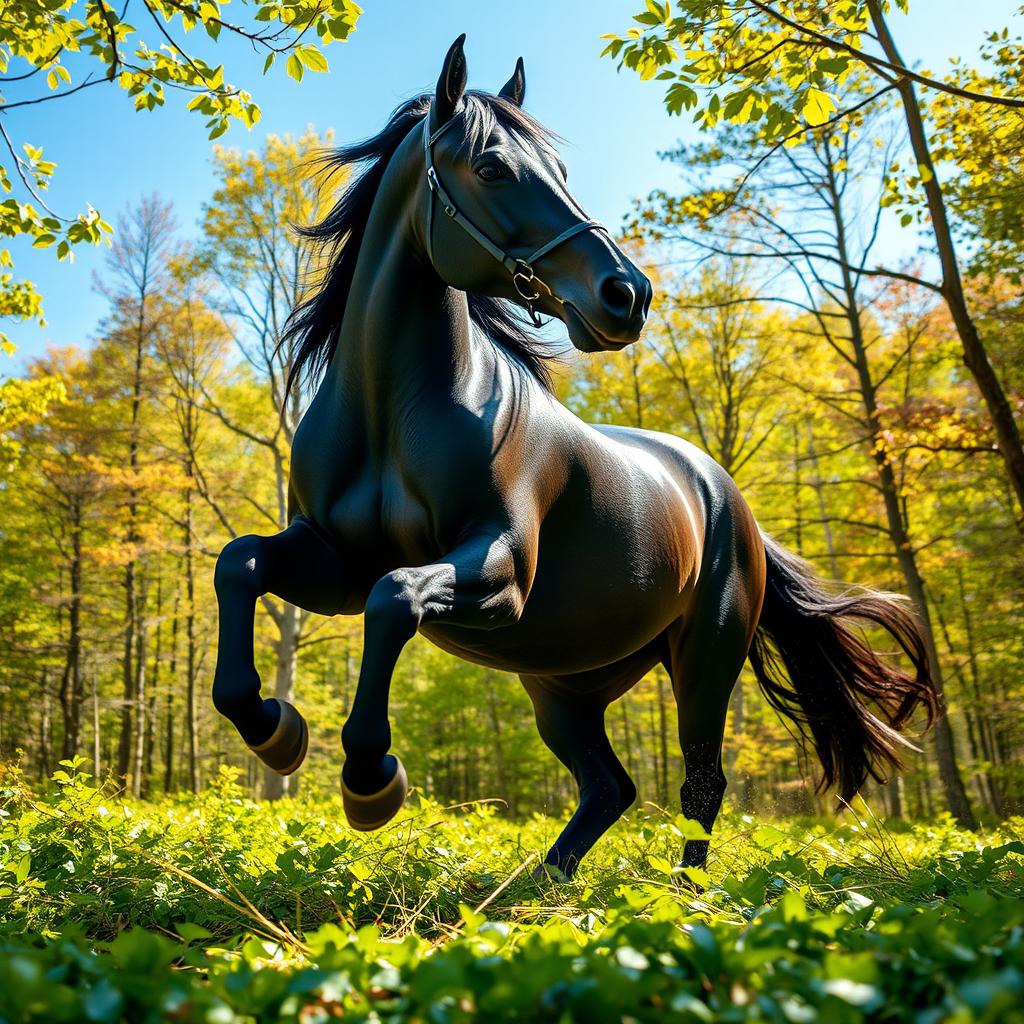 A stunning black stallion galloping through a vibrant forest