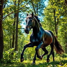 A stunning black stallion galloping through a vibrant forest