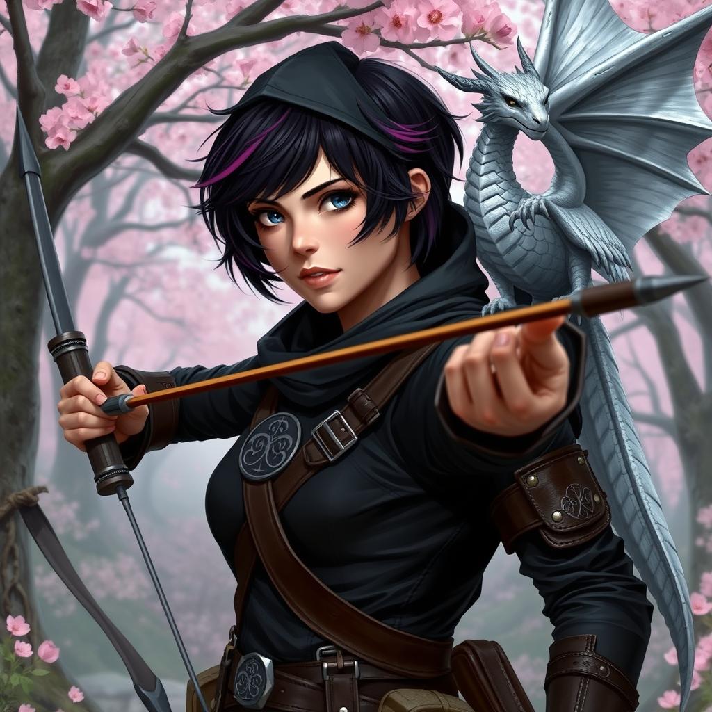 A Dungeons & Dragons female hexblood ranger with short black hair and orchid highlights, silver eyes, and pale rose colored skin