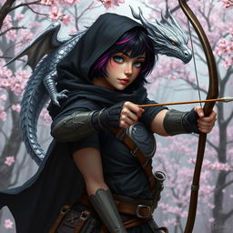 A Dungeons & Dragons female hexblood ranger with short black hair and orchid highlights, silver eyes, and pale rose colored skin