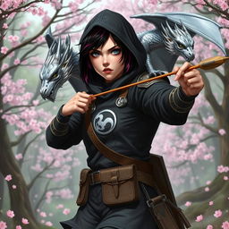 A Dungeons & Dragons female hexblood ranger with short black hair and orchid highlights, silver eyes, and pale rose colored skin