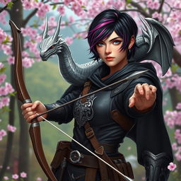 A captivating Dungeons & Dragons female hexblood ranger with short black hair featuring orchid highlights, striking silver eyes, and a pale rose complexion