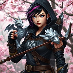 A captivating Dungeons & Dragons female hexblood ranger with short black hair featuring orchid highlights, striking silver eyes, and a pale rose complexion