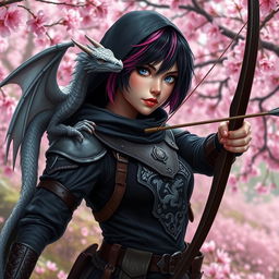 A captivating Dungeons & Dragons female hexblood ranger with short black hair featuring orchid highlights, striking silver eyes, and a pale rose complexion