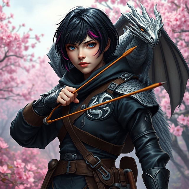 A captivating Dungeons & Dragons female hexblood ranger with short black hair featuring orchid highlights, striking silver eyes, and a pale rose complexion