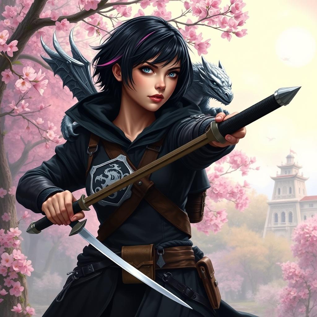 A Dungeons & Dragons female hexblood ranger with short black hair, orchid highlights, and silver eyes