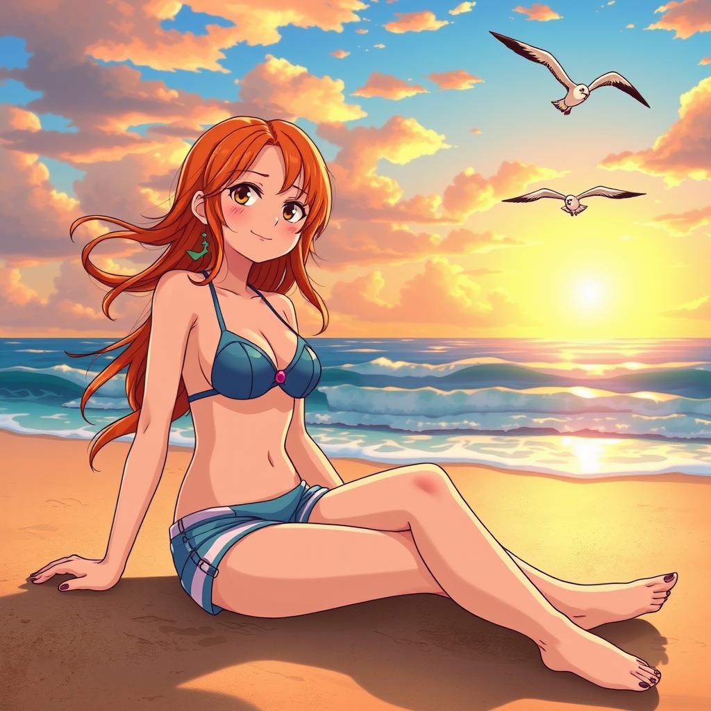 Nami from the anime One Piece is sitting on a beach, enjoying a relaxing moment with a visible sense of contentment