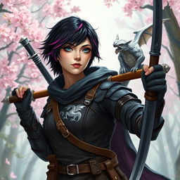 A Dungeons & Dragons female hexblood ranger with short black hair, orchid highlights, and silver eyes