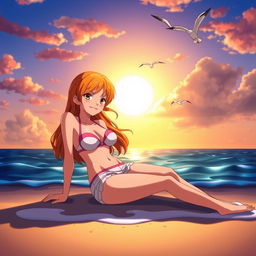 Nami from the anime One Piece is sitting on a beach, enjoying a relaxing moment with a visible sense of contentment