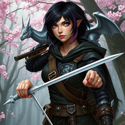 A Dungeons & Dragons female hexblood ranger with short black hair, orchid highlights, and silver eyes