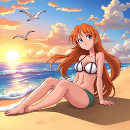 Nami from the anime One Piece is sitting on a beach, enjoying a relaxing moment with a visible sense of contentment