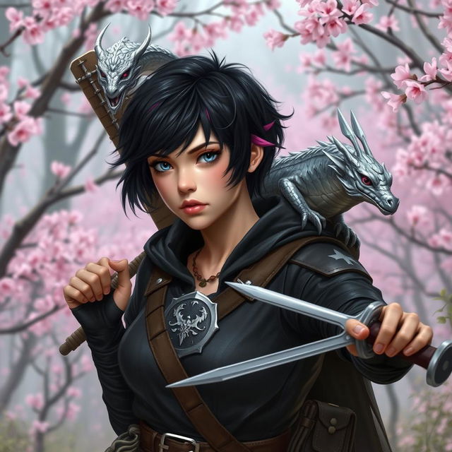 A Dungeons & Dragons female hexblood ranger with short black hair, orchid highlights, and silver eyes