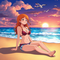 Nami from the anime One Piece is sitting on a beach, enjoying a relaxing moment with a visible sense of contentment