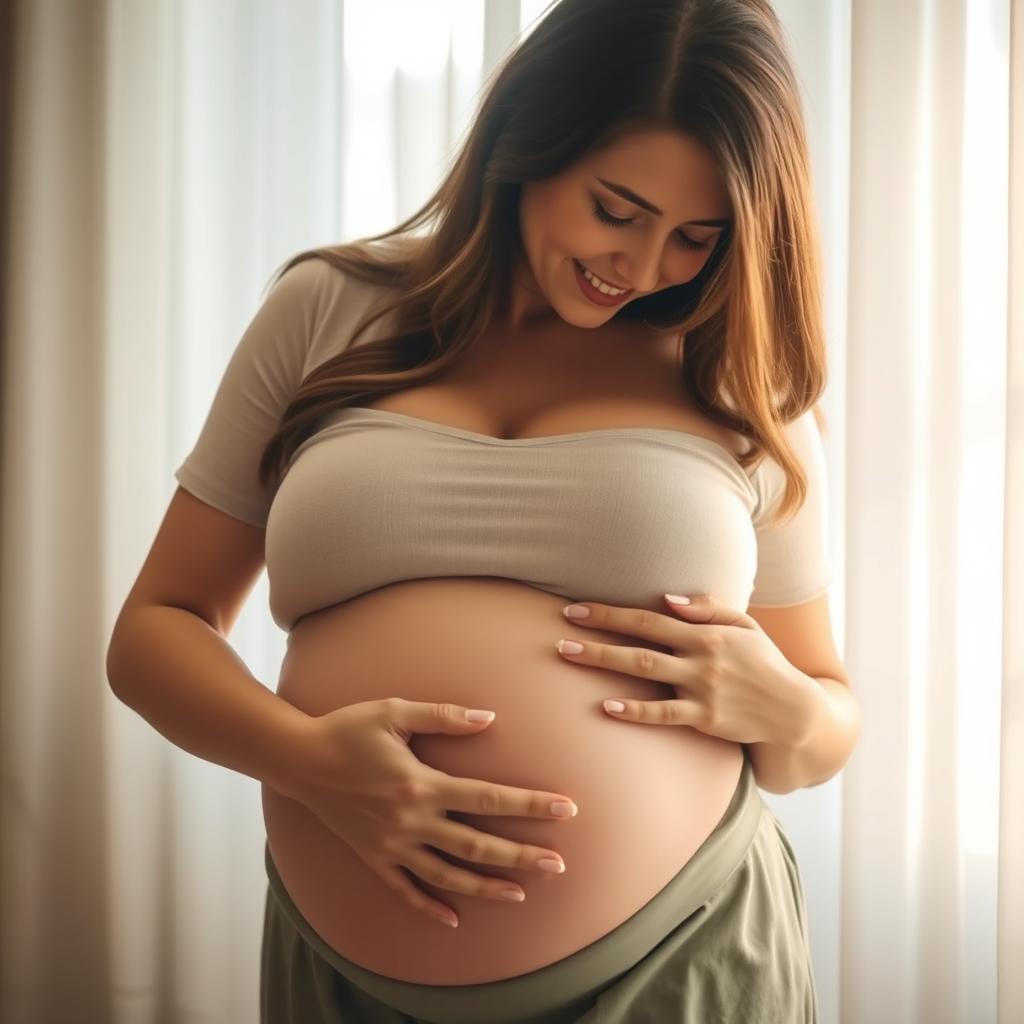 a serene and gentle image of a mother embracing her belly, showcasing the beauty and tenderness of motherhood