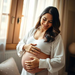 a serene and gentle image of a mother embracing her belly, showcasing the beauty and tenderness of motherhood