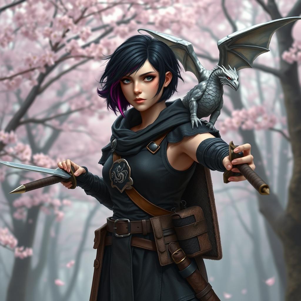 A Dungeons & Dragons female hexblood ranger standing at the edge of a sakura forest