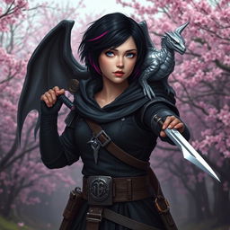 A Dungeons & Dragons female hexblood ranger standing at the edge of a sakura forest