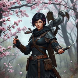 A Dungeons & Dragons female hexblood ranger standing at the edge of a sakura forest