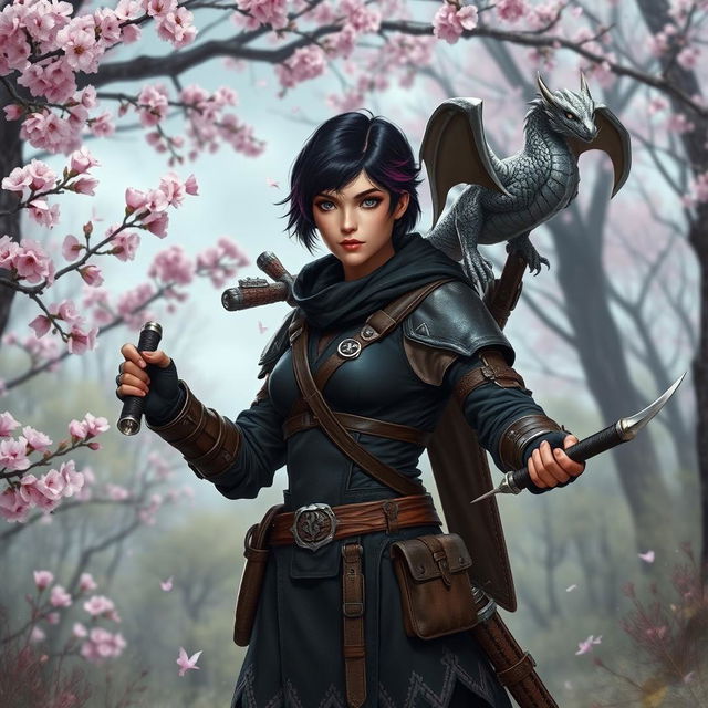 A Dungeons & Dragons female hexblood ranger standing at the edge of a sakura forest