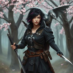 A Dungeons & Dragons female hexblood ranger standing at the edge of a sakura forest