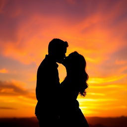 A romantic scene of a couple kissing at sunset