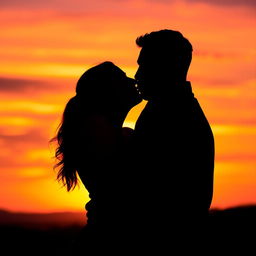 A romantic scene of a couple kissing at sunset