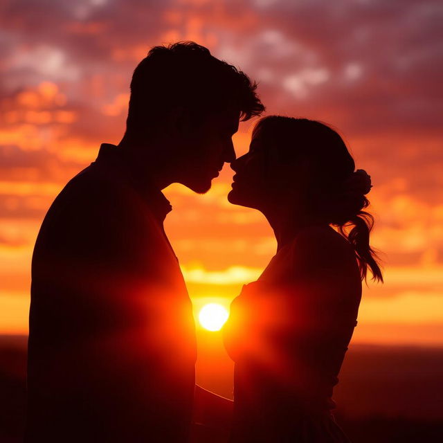 A romantic scene of a couple kissing at sunset