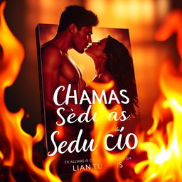 a book cover titled 'Chamas da Sedução', featuring intense flames in the foreground creating a sizzling atmosphere