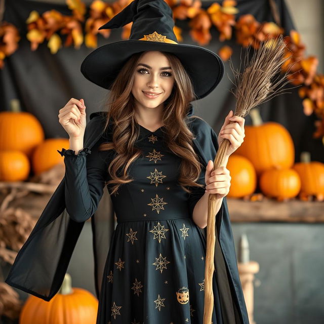 A young woman dressed in an enchanting witch costume for Halloween