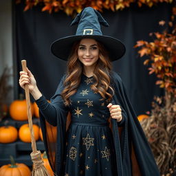 A young woman dressed in an enchanting witch costume for Halloween