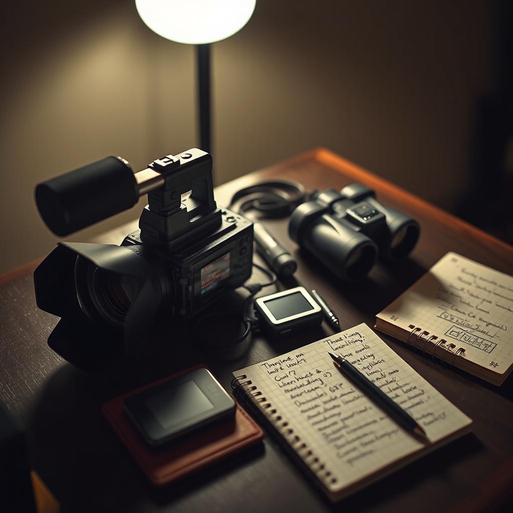 A collection of surveillance and stalking equipment displayed on a table