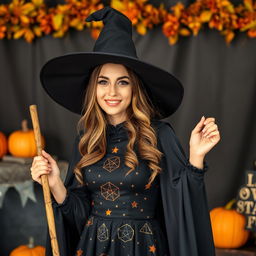 A young woman dressed in an enchanting witch costume for Halloween