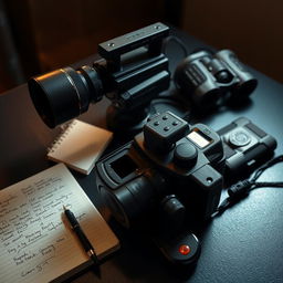 A collection of surveillance and stalking equipment displayed on a table