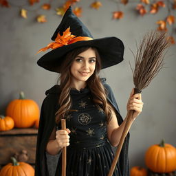 A young woman dressed in an enchanting witch costume for Halloween