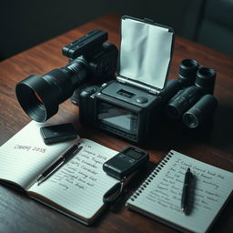 A collection of surveillance and stalking equipment displayed on a table