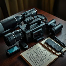 A collection of surveillance and stalking equipment displayed on a table