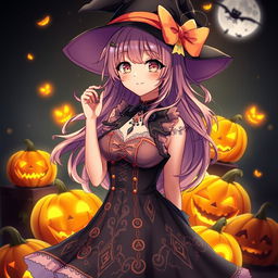 An anime girl with a bust-up perspective, wearing a stylish witch dress