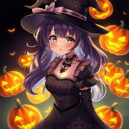 An anime girl with a bust-up perspective, wearing a stylish witch dress