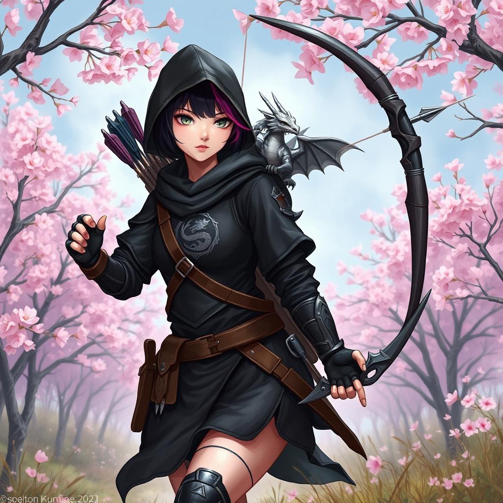 A female hexblood ranger character in a dynamic pose at the edge of a sakura forest