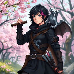 A female hexblood ranger character in a dynamic pose at the edge of a sakura forest